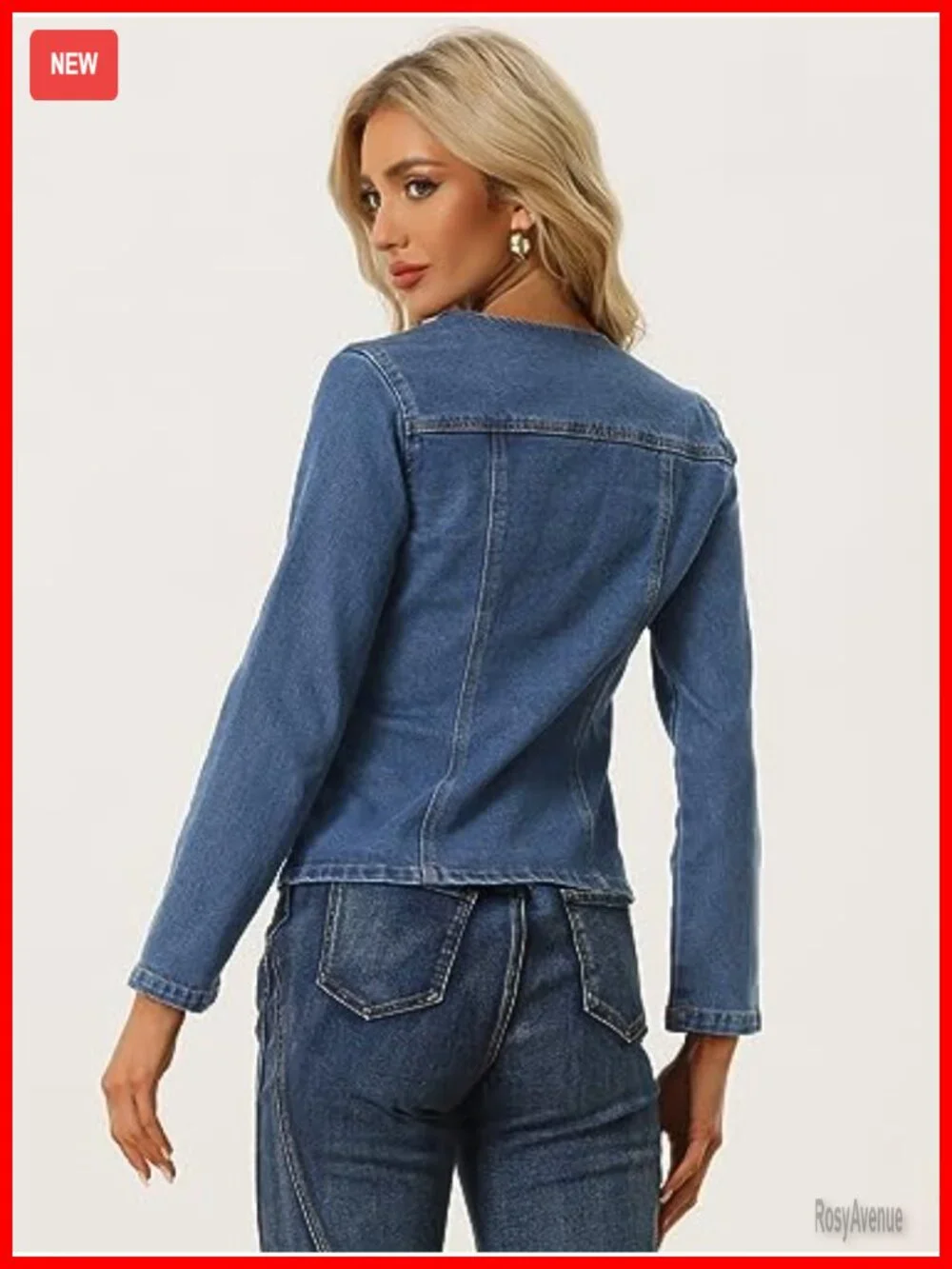Collarless Cropped Jean Jacket Lightweight Stretchy One Button Denim Blazer